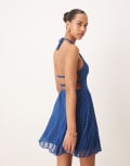 [ASOS DESIGN] ASOS DESIGN fluffy dobby racer neck pleat panel mini dress in dark blue-Multi 10 TBC
