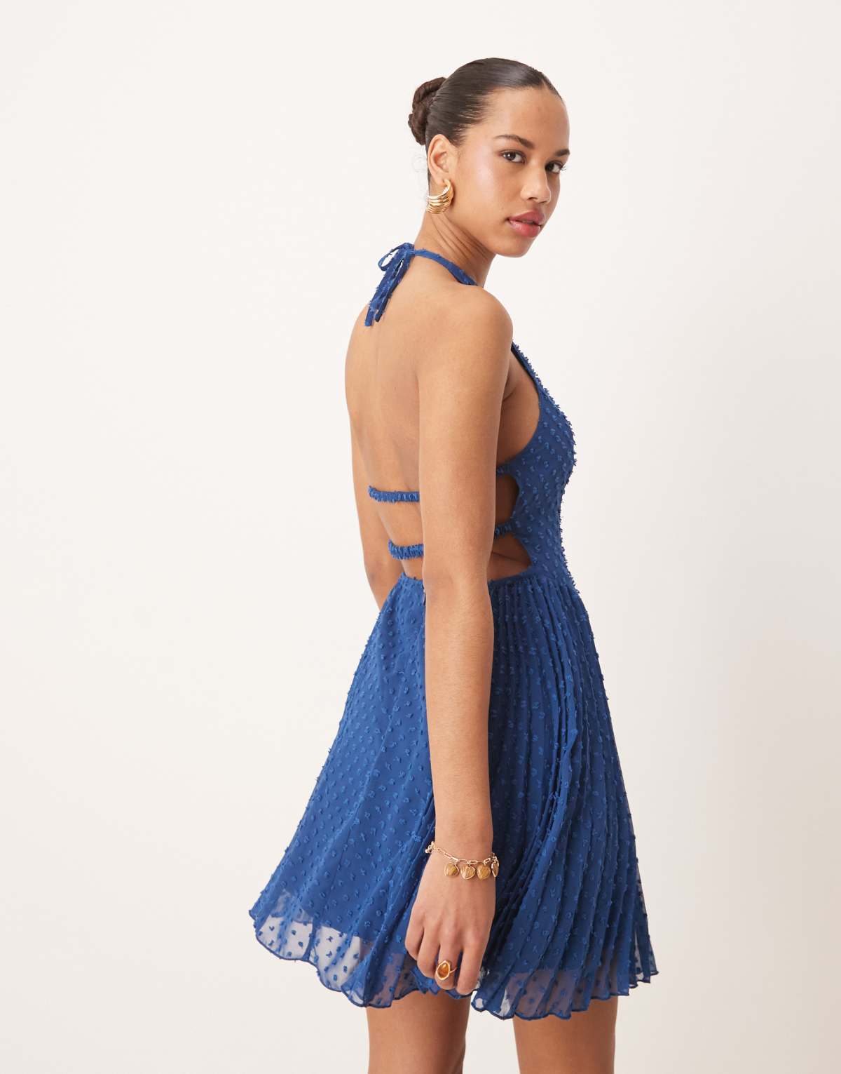 ASOS DESIGN fluffy dobby racer neck pleat panel mini dress in dark blue