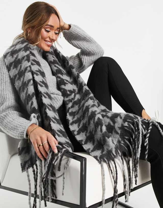 ASOS DESIGN fluffy dogtooth scarf with tassels in gray