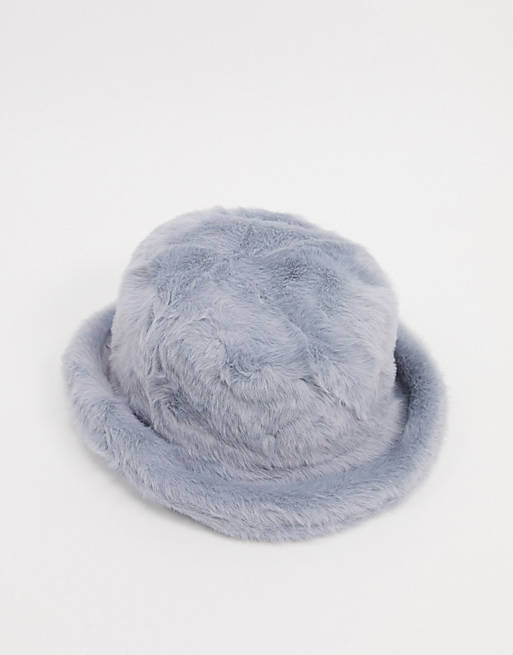ASOS DESIGN fluffy faux fur bucket hat in grey