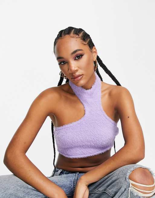 ASOS DESIGN fluffy halter neck crop top in lilac