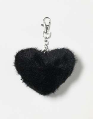 ASOS DESIGN fluffy heart bag charm keychain in black