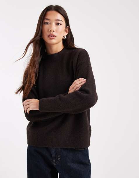ASOS DESIGN fluffy high crew neck jumper in chocolate - view 1
