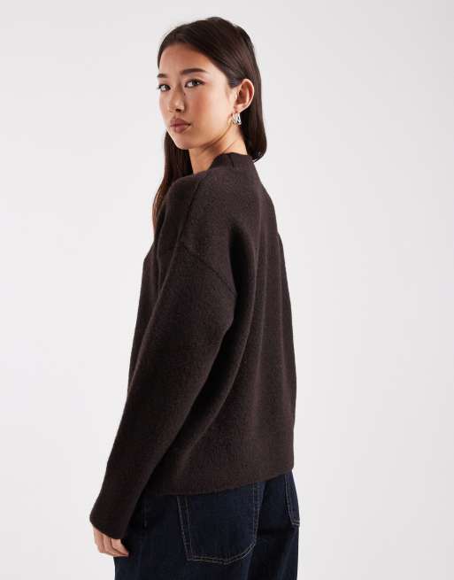 ASOS DESIGN fluffy high crew neck jumper in chocolate, 4 of 4