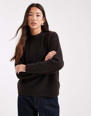 Asos Design Fluffy High Crew Neck Sweater In Brown