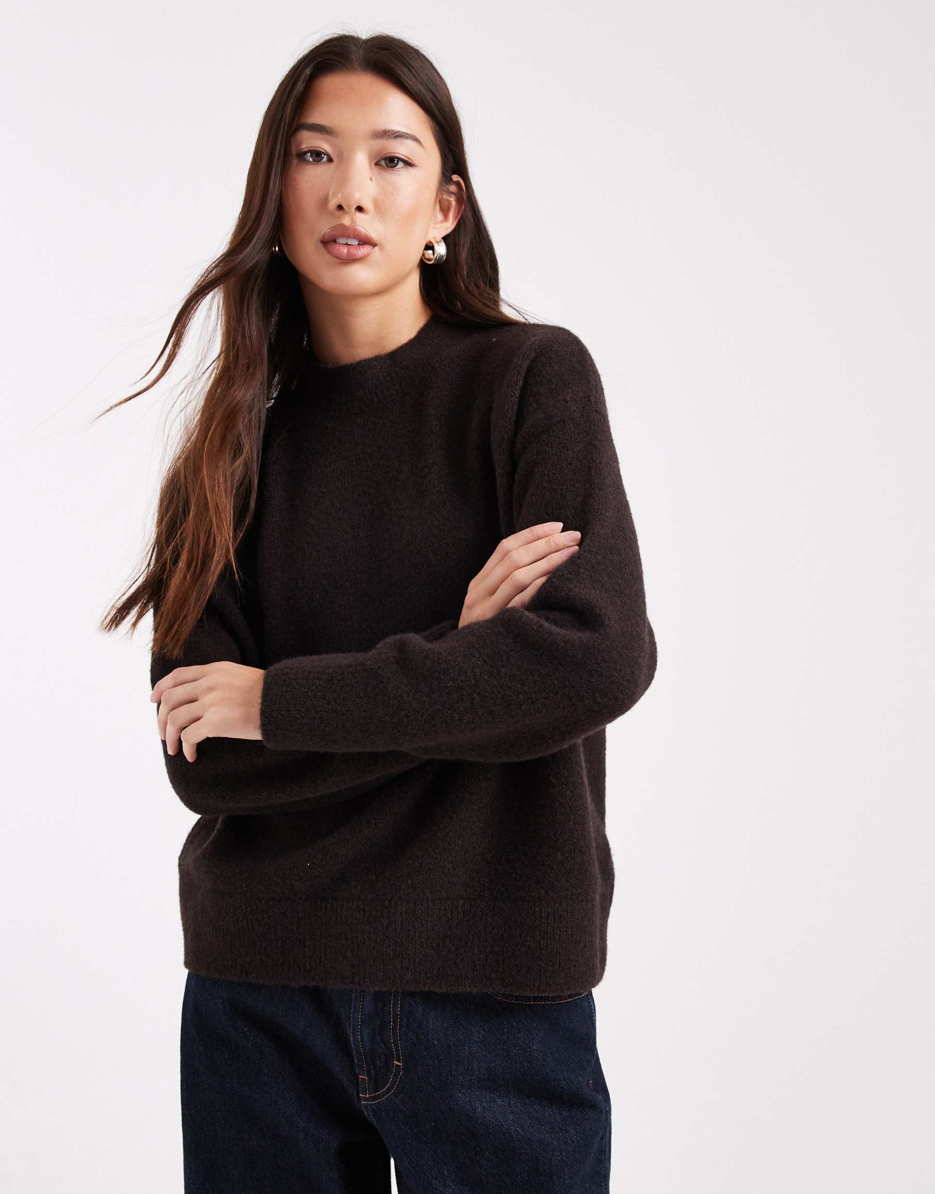 asos design fluffy high crew neck sweater in chocolate