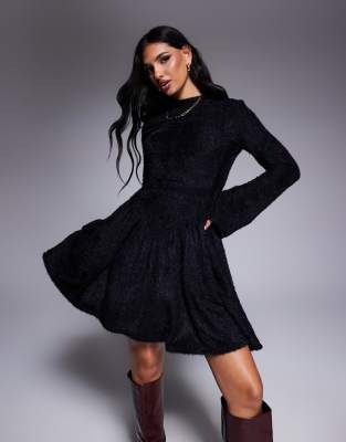 fluffy high neck dropped V waist mini dress in black