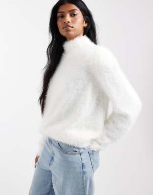 Asos Design Fluffy High Neck Extreme Sleeve Oversized Sweater In White