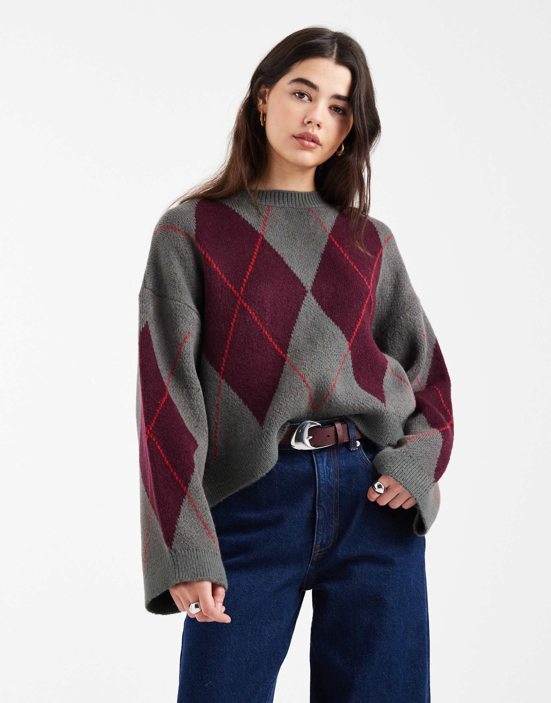 asos design fluffy knit argyle sweater in gray