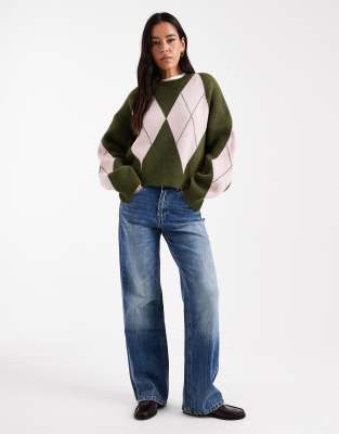 Asos Design Fluffy Knit Argyle Sweater In Green