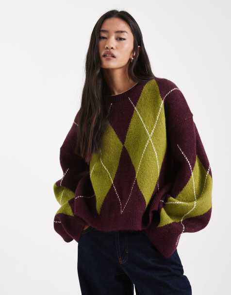ASOS DESIGN fluffy knit argyle sweater in plum - view 1