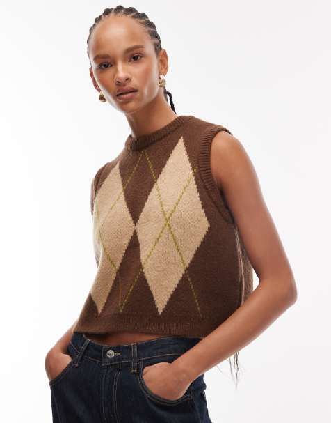 ASOS DESIGN fluffy knit argyle tank in olive - view 1