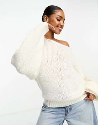 ASOS DESIGN fluffy knit asymmetric oversized jumper in cream