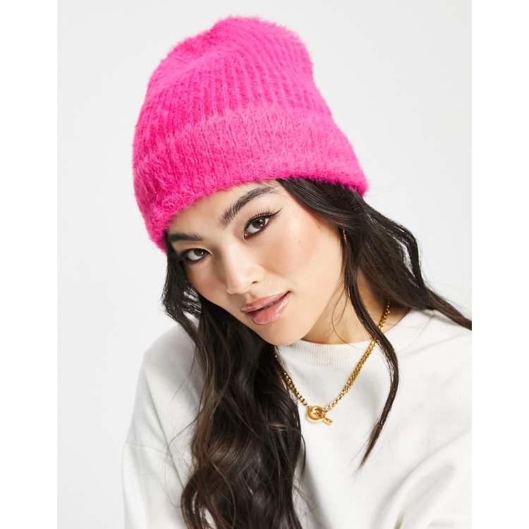 ASOS DESIGN fluffy knit beanie in bright pink