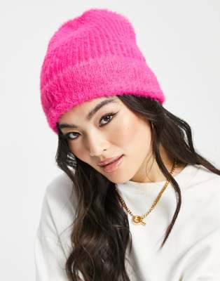 ASOS DESIGN fluffy knit beanie in bright pink | ASOS