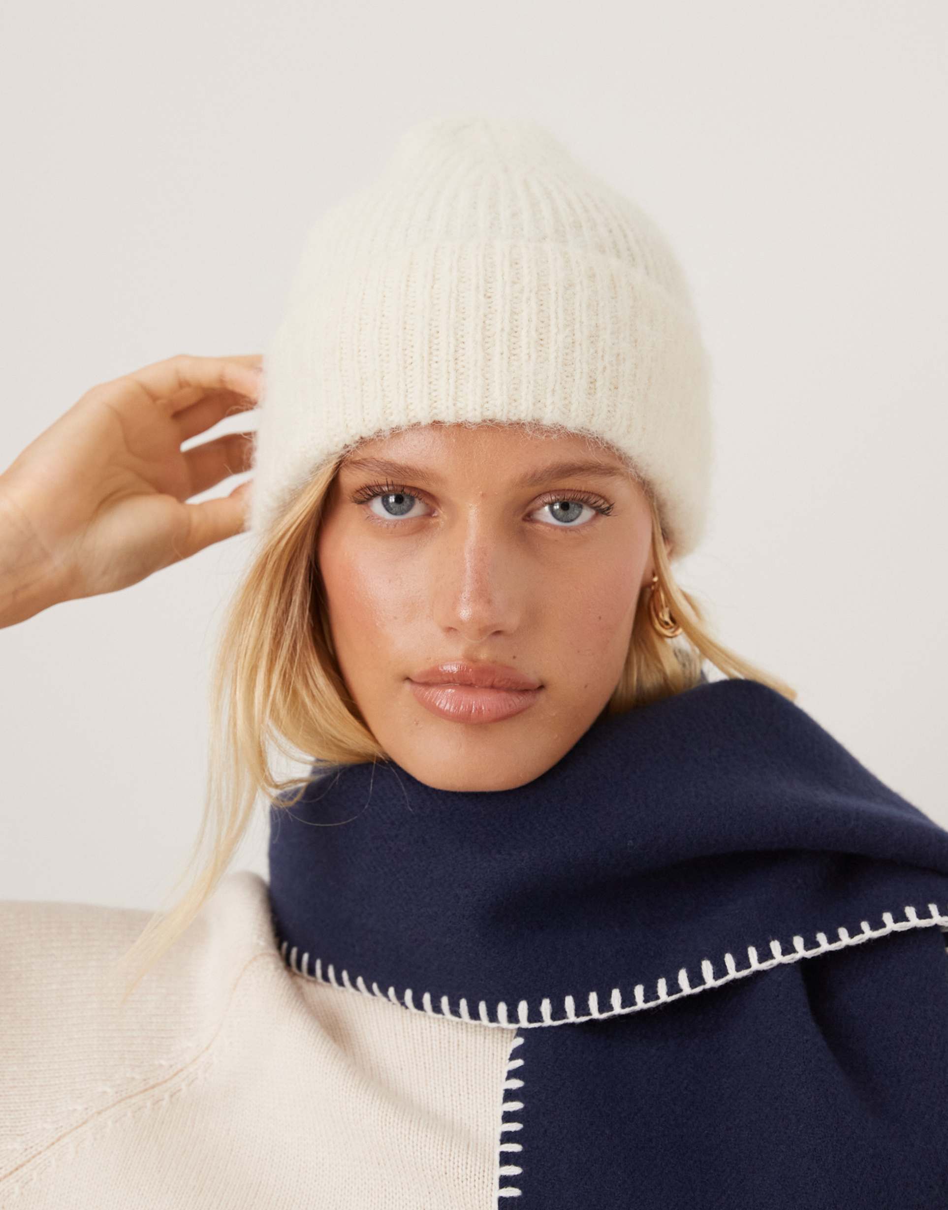 asos design fluffy knit beanie in ecru