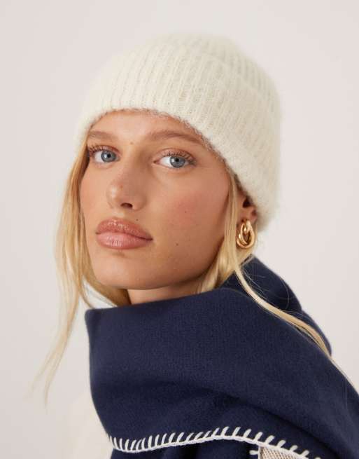 ASOS DESIGN fluffy knit beanie in ecru