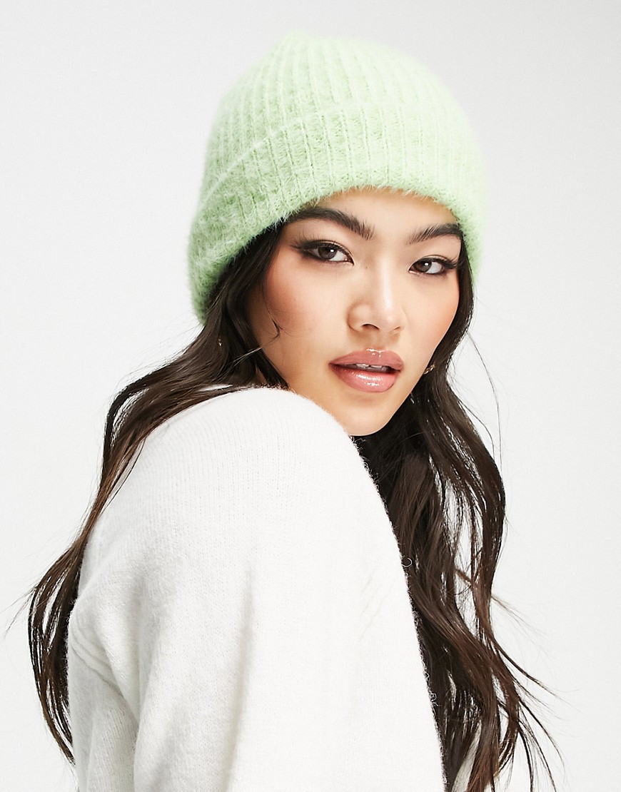 ASOS DESIGN fluffy knit beanie in lime green