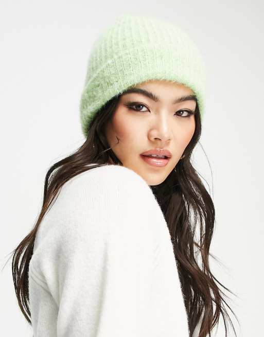 ASOS DESIGN fluffy knit beanie in lime green ASOS