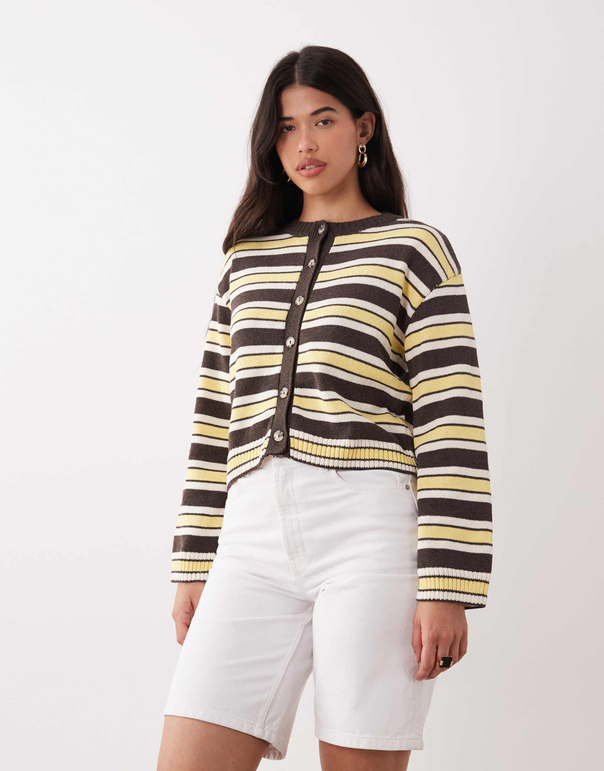 asos design fluffy knit boxy fit cardigan in buttermilk and brown