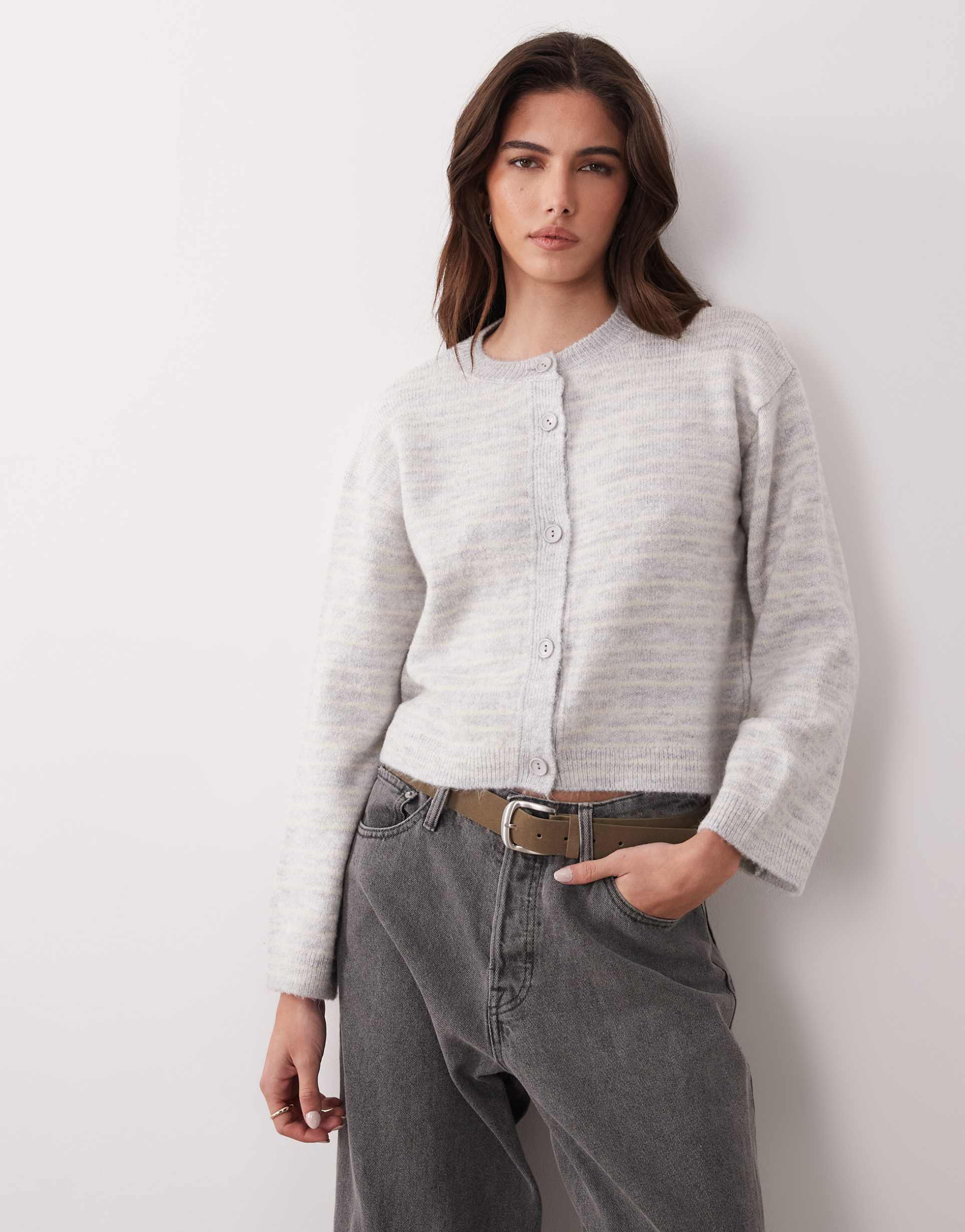asos design fluffy knit boxy fit cardigan in gray stripe