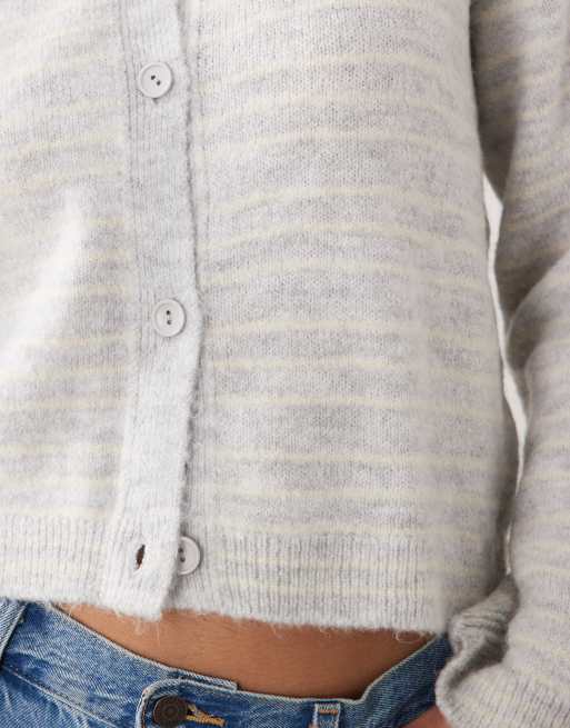 ASOS DESIGN fluffy knit boxy fit cardigan in gray stripe, 4 of 4