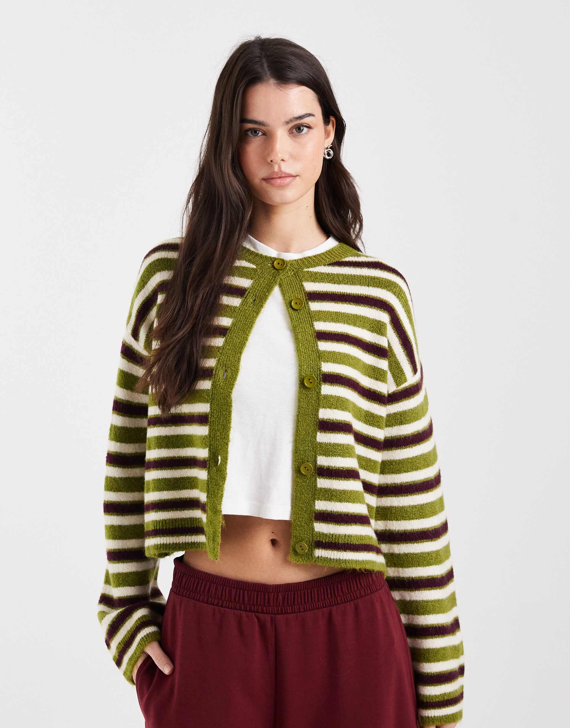 asos design fluffy knit boxy fit cardigan in olive stripe