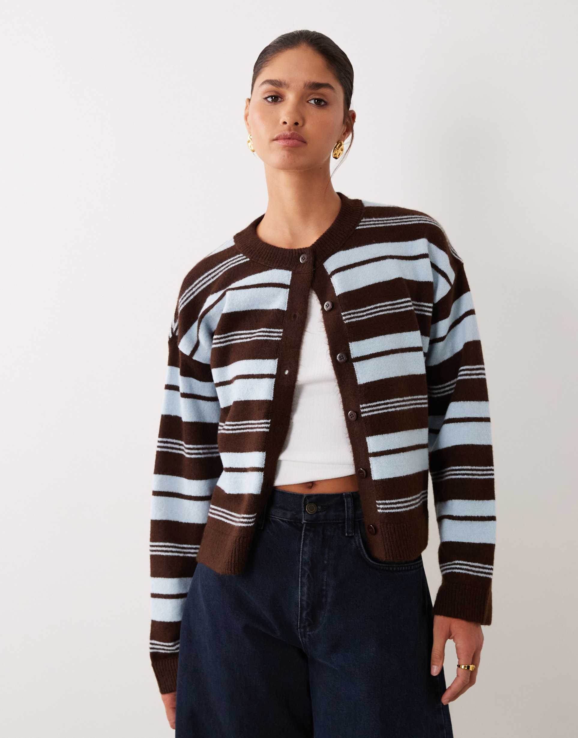 asos design fluffy knit cardigan in brown and blue stripe