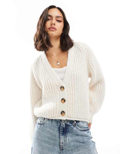 ASOS DESIGN fluffy knit cardigan in ecru