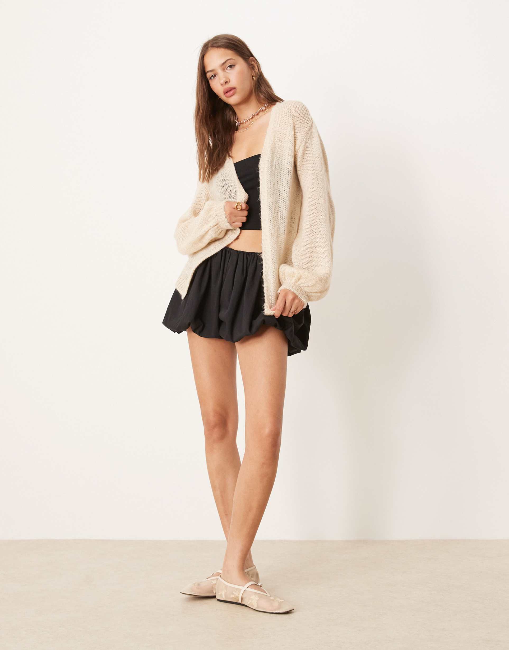 asos design fluffy knit cardigan with balloon sleeves in ecru