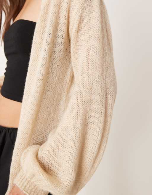 ASOS DESIGN fluffy knit cardigan with balloon sleeves in ecru