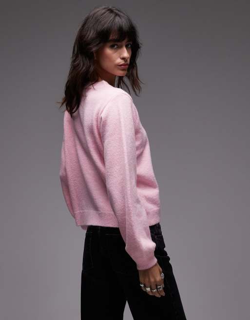 ASOS DESIGN fluffy knit cardigan with blouson sleeve detailing in light pink, 3 of 4