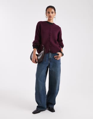 Asos Design Fluffy Knit Cardigan With Blouson Sleeve Detailing In Burgundy