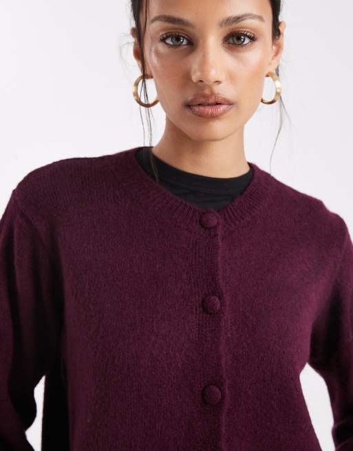 ASOS DESIGN fluffy knit cardigan with blouson sleeve detailing in plum, 3 of 4