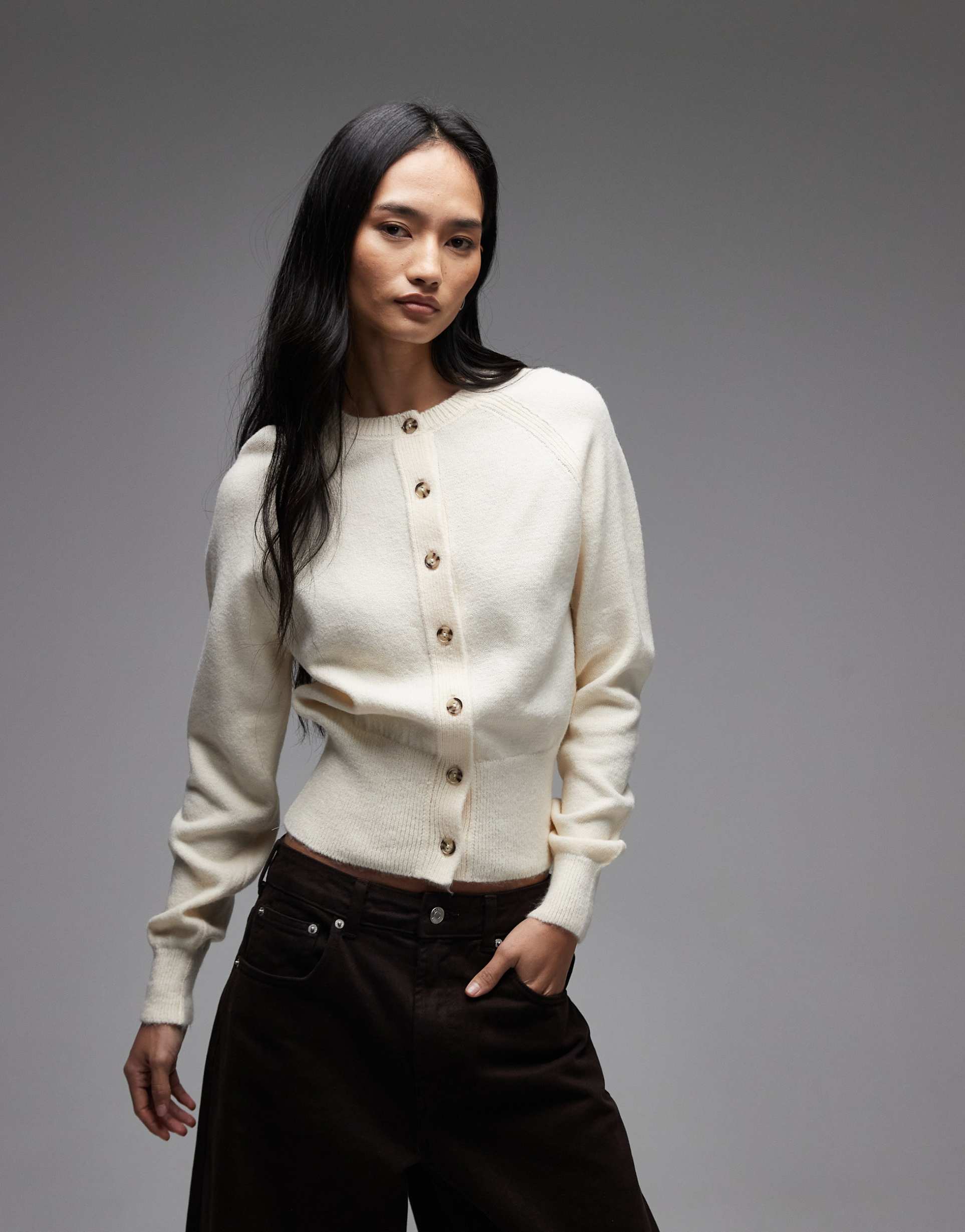 asos design fluffy knit cardigan with cinched waist in ecru