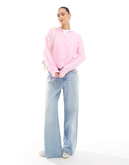 ASOS DESIGN fluffy knit cardigan with scallop edge in pink