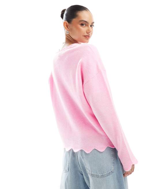 ASOS DESIGN fluffy knit cardigan with scallop edge in pink