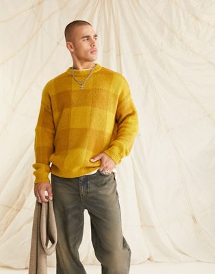 ASOS DESIGN fluffy knit check jumper in mustard