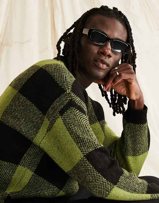 ASOS DESIGN fluffy knit check jumper in khaki