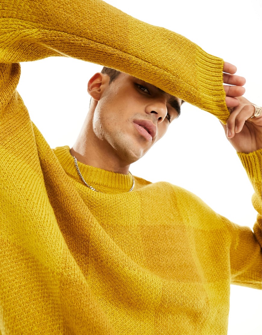 ASOS DESIGN fluffy knit check jumper in mustard-Neutral