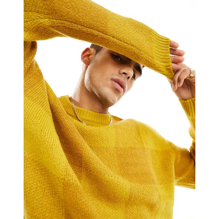 ASOS DESIGN fluffy knit check jumper in mustard | ASOS