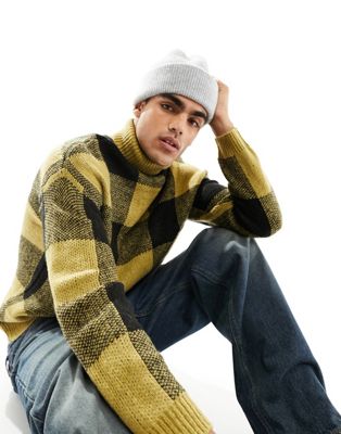 ASOS DESIGN fluffy knit check roll neck jumper in beige & black