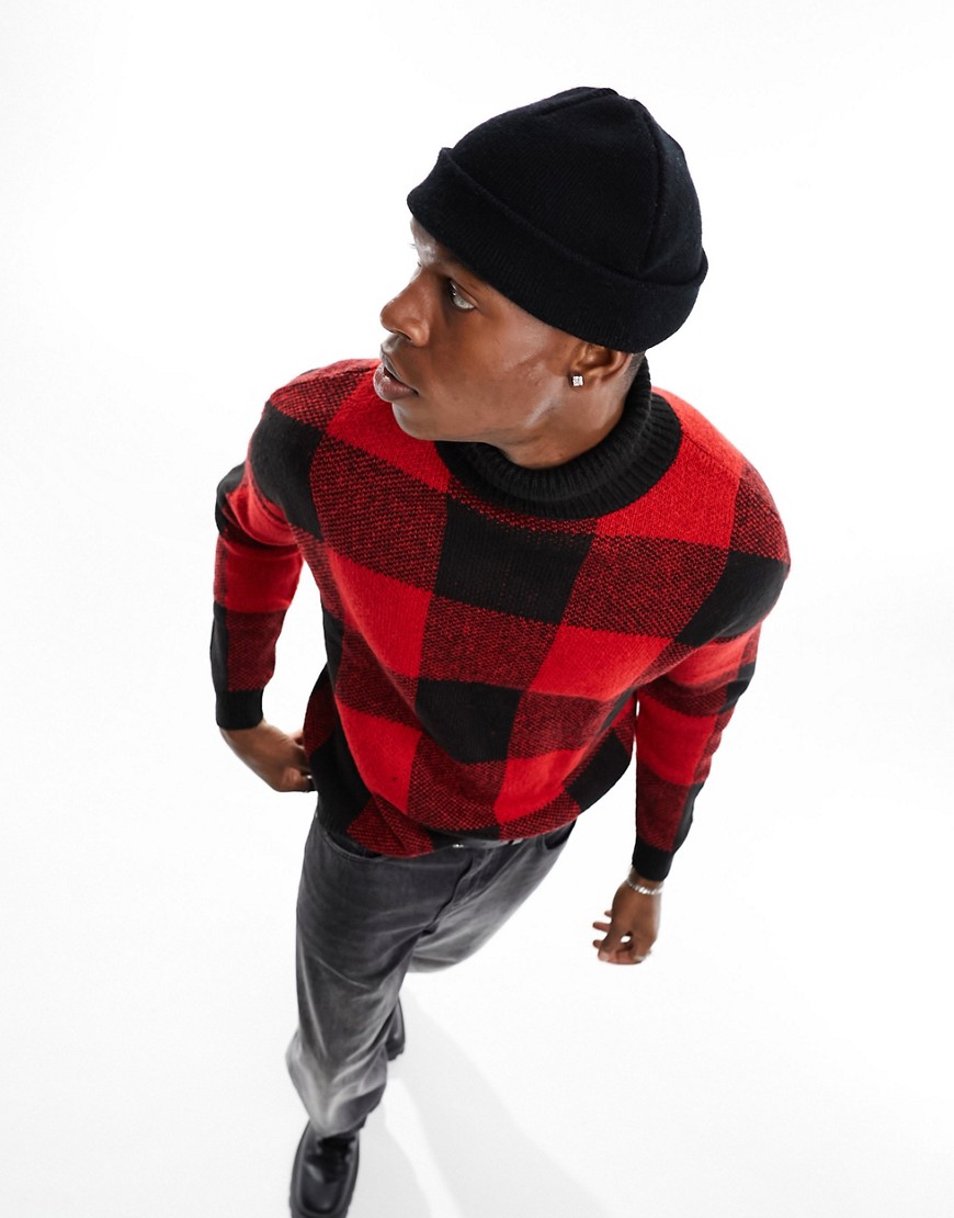 ASOS DESIGN fluffy knit check roll neck sweater in red & black