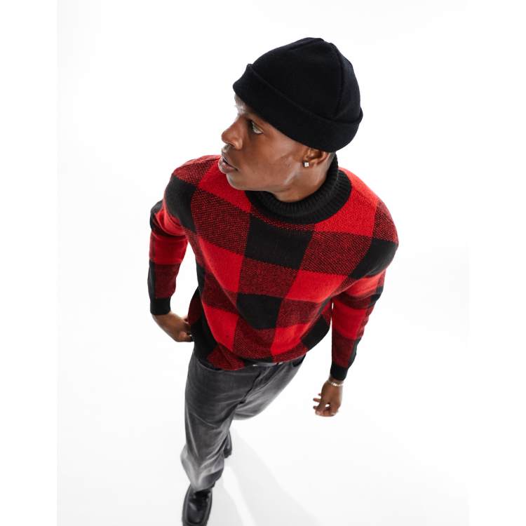 ASOS DESIGN fluffy knit check roll neck sweater in red & black