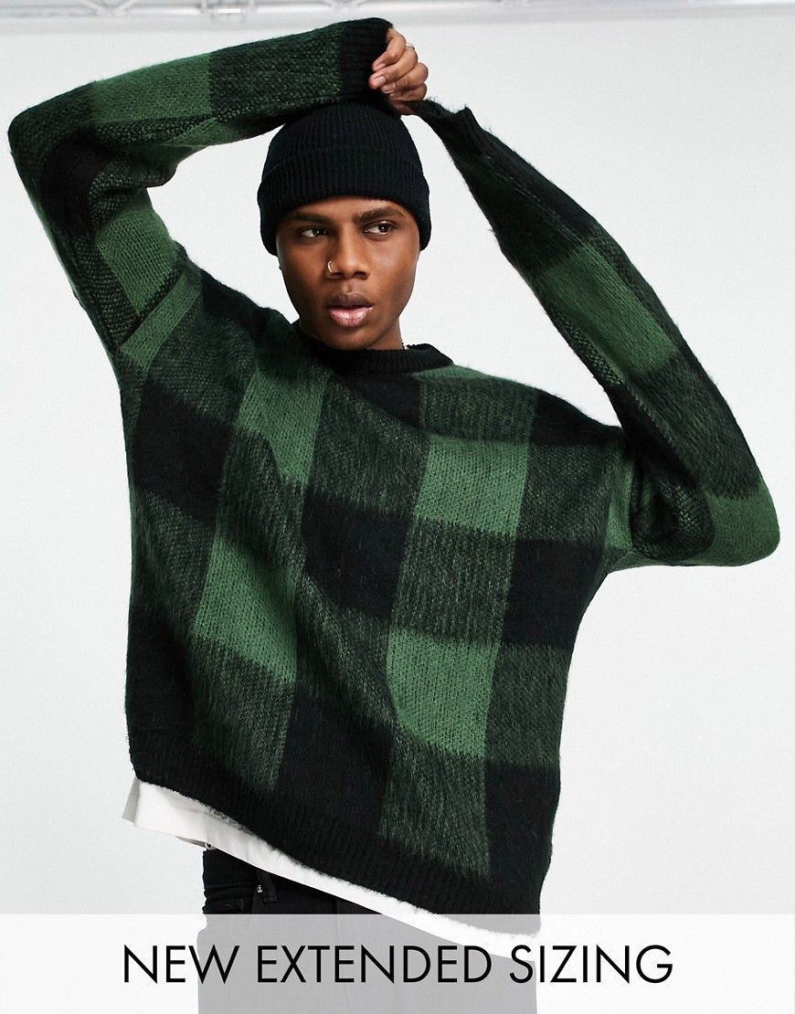 ASOS DESIGN fluffy knit check sweater in khaki-Green