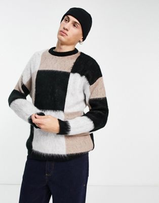 ASOS DESIGN fluffy knit checkerboard jumper in black white and beige