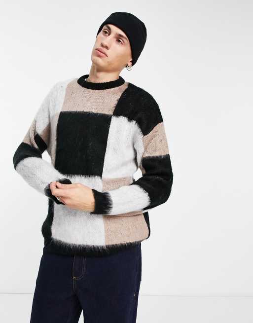 ASOS DESIGN fluffy knit checkerboard jumper in black white and beige | ASOS