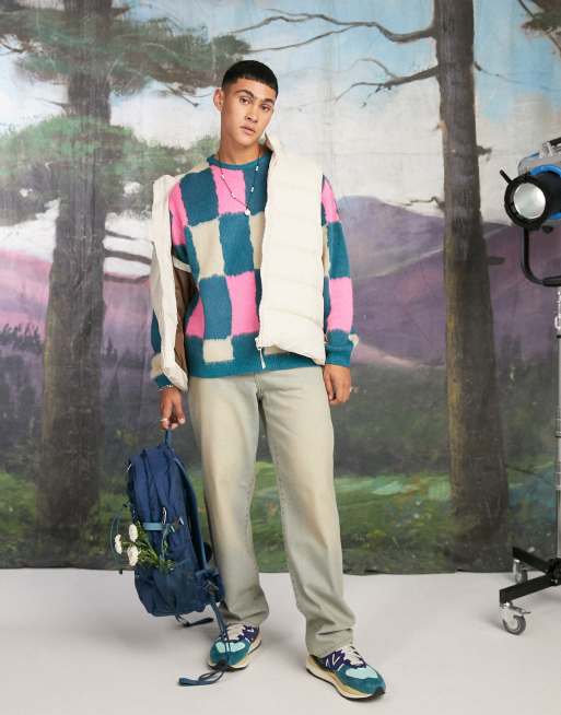 ASOS DESIGN fluffy knit checkerboard jumper in bright blue and pink
