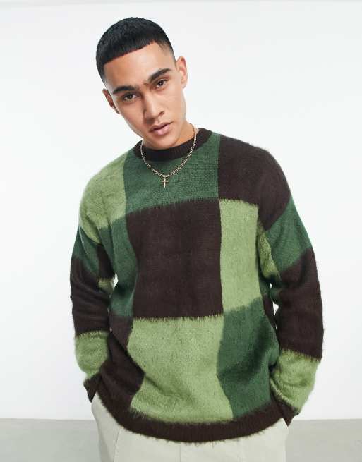 ASOS DESIGN fluffy knit checkerboard sweater in green brown ASOS