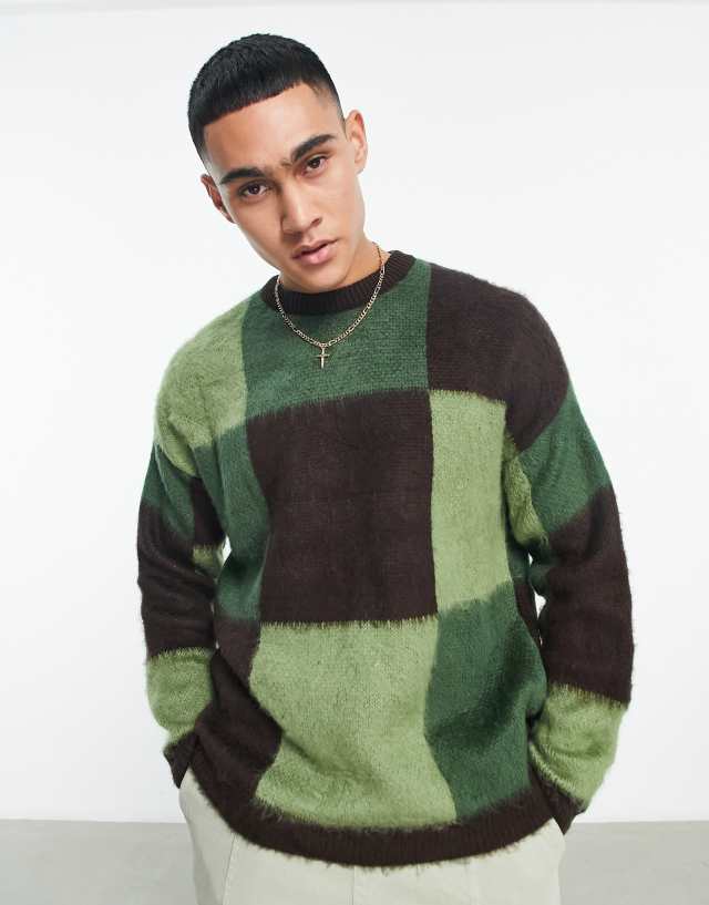 ASOS DESIGN fluffy knit checkerboard sweater in green & brown